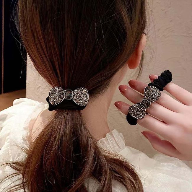 Wendalern Boho Strass Pferdeschwanzhalter Bowknot Pferdeschwanz Haargummi Geometrische Elastische Haargummis Schwarze Kristallhaarseile Dekorativer Haarschmuck für Frauen und Mädchen