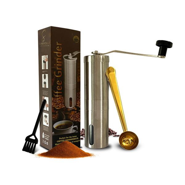 Suneville Manual Stainless Steel Coffee Grinder & Coffee Maker Accessories - Fine to Coarse Grinding Settings - Espresso Tools with Portable Hand Coffee Grinder, Golden Clipper Spoon & Black Brush