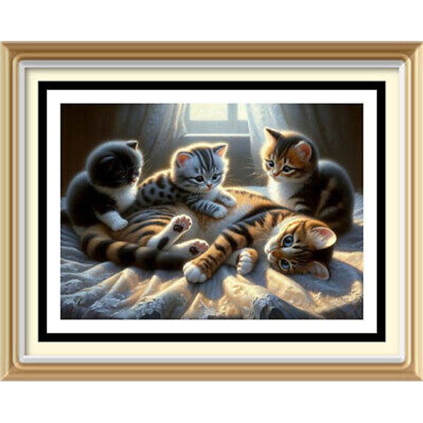 Feline Portrait Painting 7x5 Wall Art Print Mother Cat Calico Tabby Kitten C28