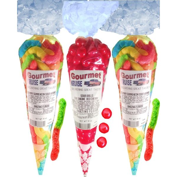 Gummy Worms (2) Neon Sour Worms (1) Sour Cherry Balls Fire Engine Red (NET WT 30 OZ) Gourmet Kruise Signature Gift Bags