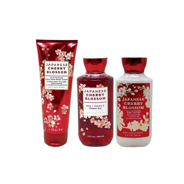 Japanese Cherry Blossom Gift Set - 3 Piece Bath and Body Works Gift Set - Japanese Cherry Blossom Lotion + Ultra Shea Triple Moisture Cream + Shower Gel