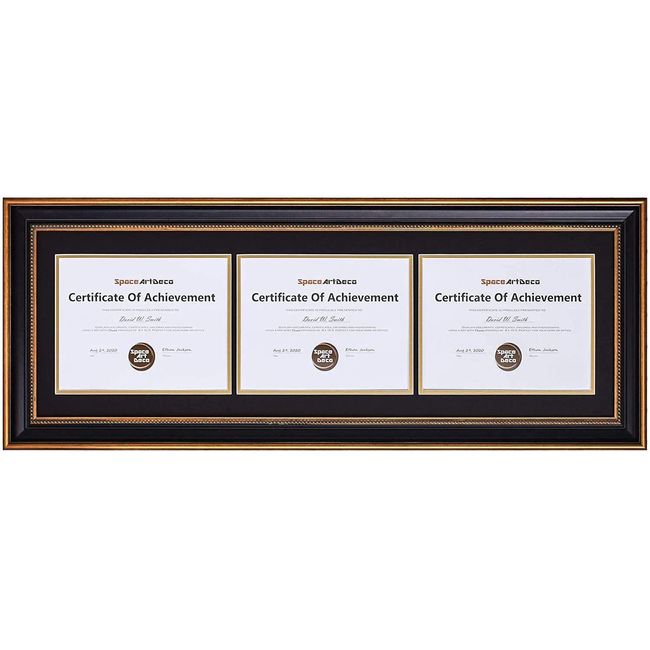 Space Art Deco, Triple/Three Certificate Frame for (3) 8.5x11 Degrees/Diplomas/Documents Sawtooth Hangers Wall Mount (Ornate Gold, Landscape, Horizontal Style, Black Over Gold Double Mat)