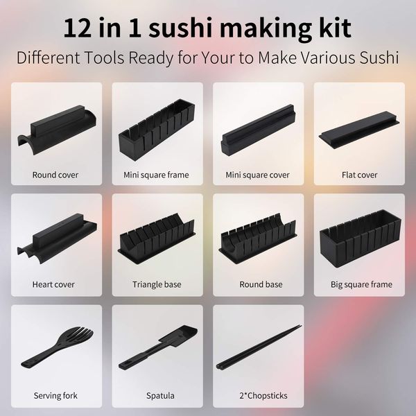 MLRYH Sushi Making Kit Sushi Maker 12 Pcs Plastic Premium Set Sushi Tool Set Sushi Rice Roll Mold Shapes, DIY Sushi Roller Tool for Home Beginners.