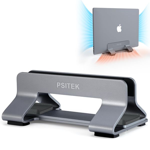 Psitek Aluminum Vertical Laptop Stand Dock Holder, Adjustable Slot Width 12-42mm, Space-Saving Upright Storage for MacBook and Laptops