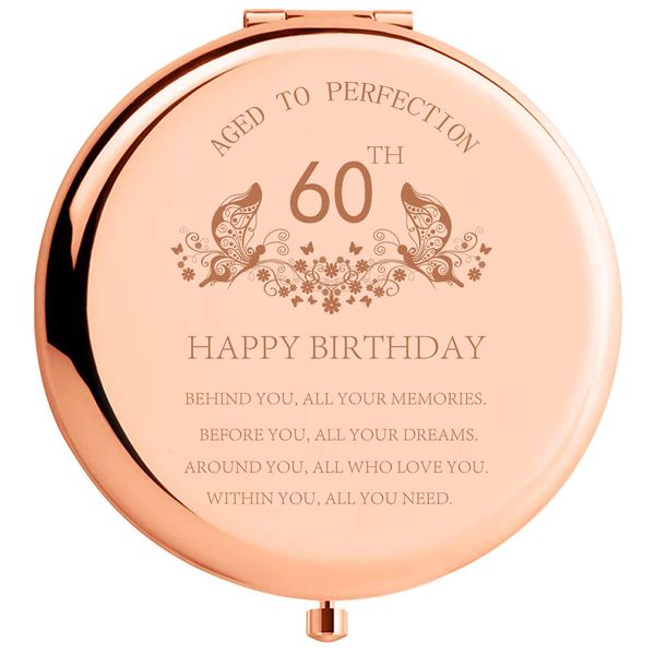 60th Birthday Gifts for Women Stainless Steel Portable Compact Makeup Mirror Behind You All Your Memories Best 60 Years Old Birthday Gift Ideas with Gift Box Engraved Mirror for Wife Friend Rose Gold