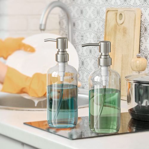 AmazerBath Soap Dispenser, 2 Pack Glass Soap Dispenser with Pump Stainless Steel, Soap Dispenser Bathroom, 17OZ Hand Soap Dispenser, Dish Soap Dispenser Kitchen, Clear Soap Dispenser