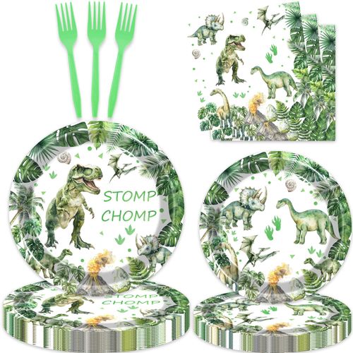 80 Pcs Watercolor Dinosaur Birthday Decorations Green Dino Paper Dinner Plates Napkins Forks Dinnerware for Dinosaur Theme Baby Shower Boys 1st 2nd 3rd 4th Birthday Party Supplies