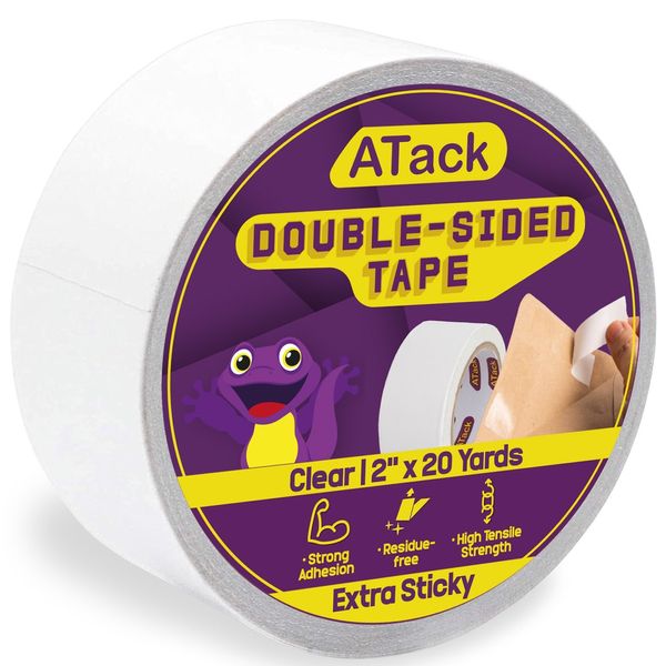 ATack Extra Sticky Clear Double-Sided Tape, Removable, 2-Inch x 20-Yards - Wall Safe Heavy-Duty Double Sides Self Sticky Wall Fabric Tape for Wood Templates, Furniture, Leather, Curtains and Craft