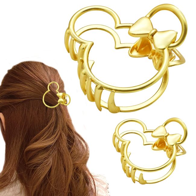 Metal Mouse Ears Hair Claw Clips for Girls Woman, Uooker 2 Pcs Cute Hair Jaw Clips with bow, Nonslip Strong Hold Big Hair Clips, Hair Styling Accessories for Fixing Thin Thick Hair (Gold, 2 Size)