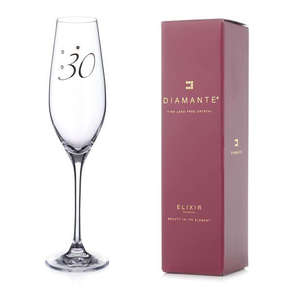 DIAMANTE Swarovski 30th” Birthday Champagne Flute – Single Crystal Champagne Glass with Platinum 30 Embossed and Swarovski Crystals – Gift Boxed