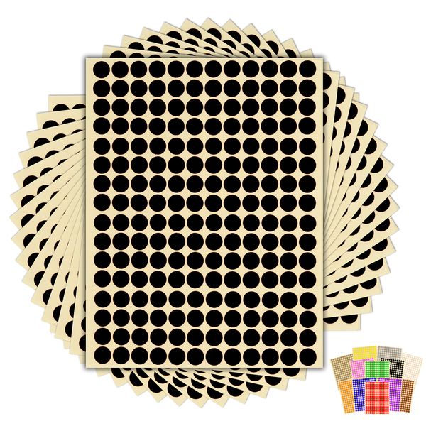 2,880 x Black Sticky Dots - 10mm 1cm - Round Colour Coding Dot Stickers - 15 Sheets