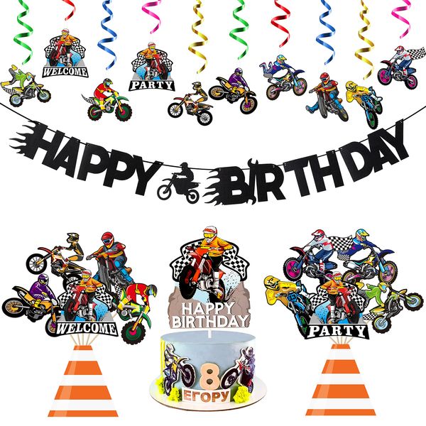 ANGOLIO 42Pcs Dirt Bike Party Decoration Kit Motocross Party Hangling Swirls Dirt Bike Extreme Sports Racing Birthday Party Banner Cake Topper and Table Centerpieces for Man's or Boys