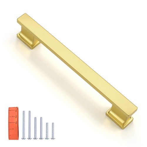 KNOBWELL 10 Pack Brushed Gold Solid Cabinet Pulls 5 Inch(128mm) Hole Center Kitchen Cabinet Handles,Cabinet Hardware for Cupboard Drawer Pulls