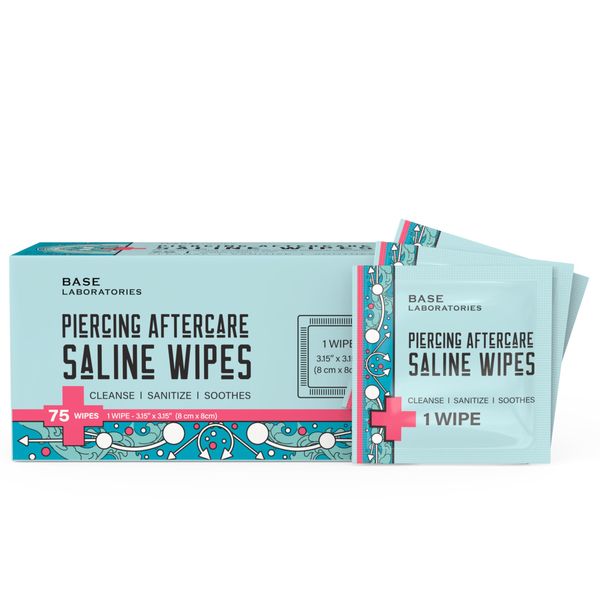 Base Labs Piercing Aftercare Wipes | Piercing Cleaning Solution - 75 Wipes | Cleanses & Sanitizes all Body, Nose, Ear Piercings | Saline Solution Piercing - Keloid & Piercing Bump Treatment Wipes