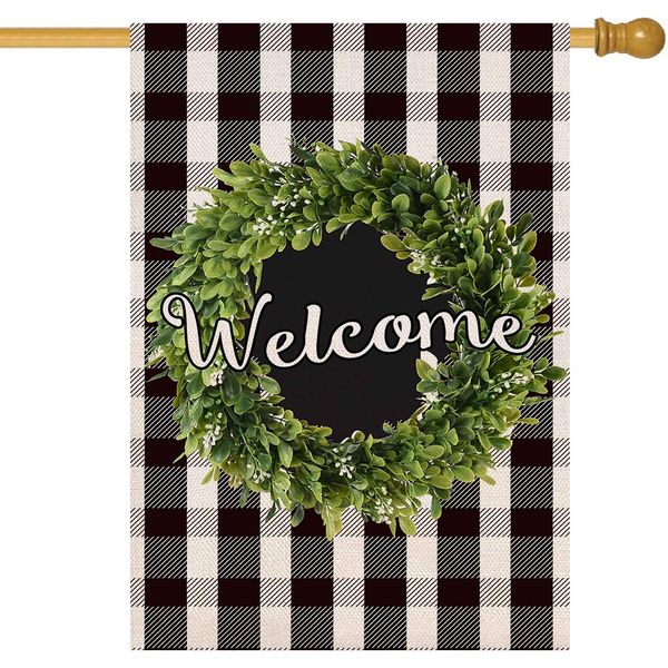 Baccessor Boxwood Wreath Welcome House Flag Vertical Double Sided, Buffalo Check Plaid Rustic Farmhouse Burlap Garden Yard House Flag Outdoor Decoration 28 x 40 Inch