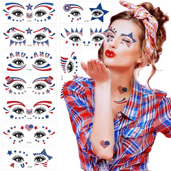 4th of July Face Temporary Tattoos Sticker Independence Day American Flag Red White Blue Star Freckle Sticker Eye Makeup Arm Body Art Decals for Women Girls Men Memorial Day Party Supplies