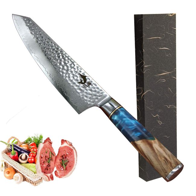 Fisherikawa V Gold No. 10 Interrupt, 67 Layers Hammered Damascus Sword Gyuto (Kutsugu Katana), 7.7 inches (197 mm) Damascus Butcher Knife