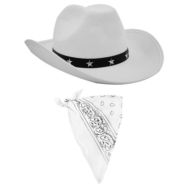 COWBOY FANCY DRESS ACCESSORY SET COSTUME WHITE COWBOY HAT WITH STAR STUDDED BAND & WHITE PAISLEY BANDANA WILD WEST WESTERN SHERIFF BANDANNA *PLEASE BE AWARE COWBOY HATS MAY HAVE MARKS ON*