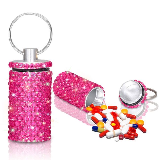 Artscope Crystal Diamond Keychain Pill Box, Waterproof Pill Box, Small Pill Box Case Outdoors, Medicine Bottle,Keychain Container Colorful, Pill Box Keyring (Hot Pink)