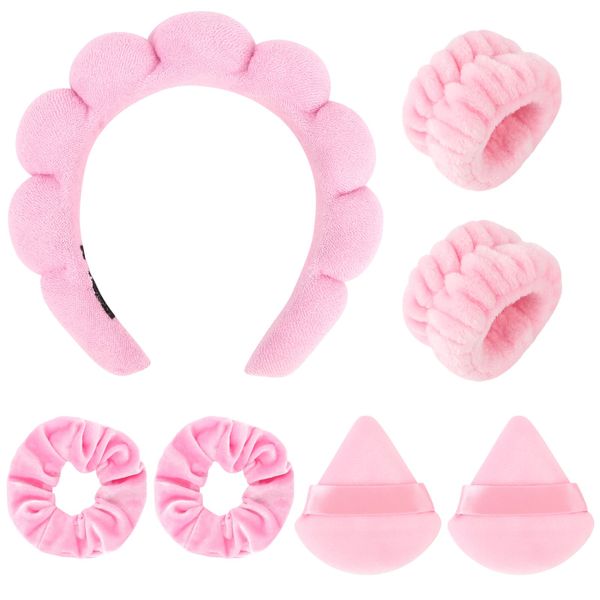 7 Pcs Puffy Spa Headband for Washing Face Bubble Skincare Headbands with Wristbands Scrunchies Makeup Puffs Sponge Spa Makeup Headband for Washing Face Puffy Headband Terry Cloth Headband for Shower