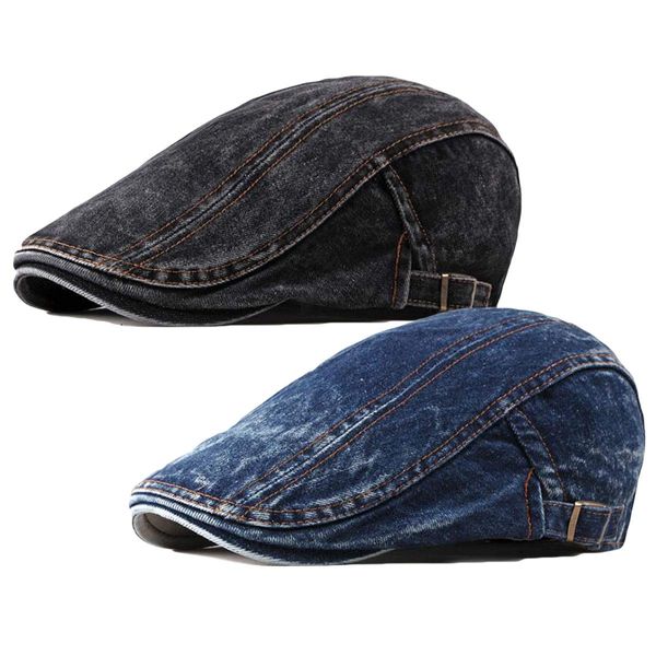 2 Pack Mens Denim Cotton Newsboy Cap Ivy Gatsby Driving Hunting Cabbie Hats (2 Pack-I)