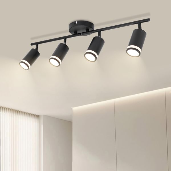 Ketom 4-Light Track Lighting - Black 4 Way Ceiling Spot Lighting with Rotatable & Detachable GU10 Light Head - Flush Mount Modern LED Track Light Kit for Kitchen Cabinet Gallery Bar Office