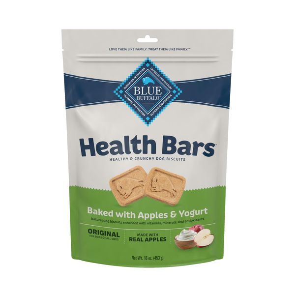 Blue Buffalo Health Bars Natural Crunchy Dog Treats Biscuits, Apple & Yogurt 16-oz Bag