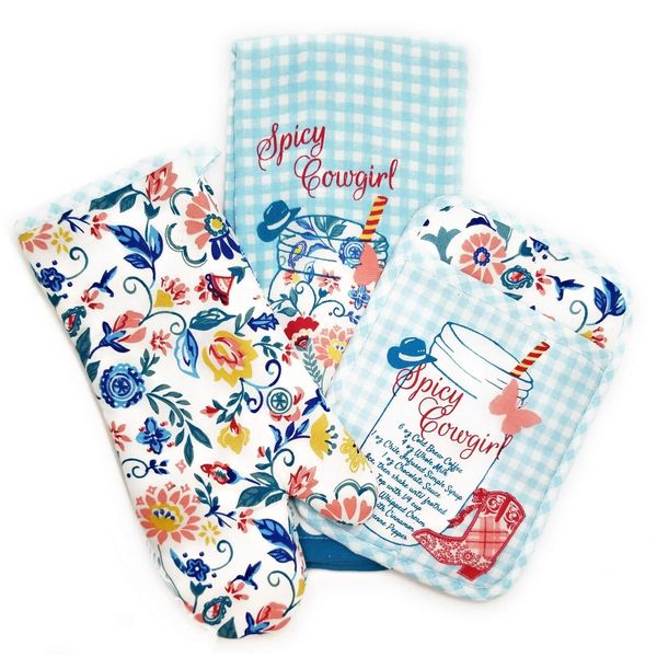 The Pioneer Woman Spicy Cowgirl Kitchen Towel Set-3 Pieces Including Oven Mitt, Pot Holder, Kitchen Towel Gift Set for Her