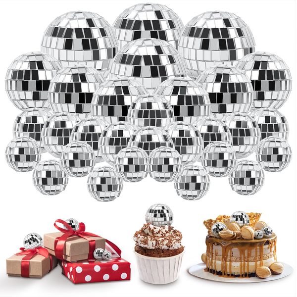 CLUEWR 30 PCS Disco Balls Cake Decoration, Small Silver Reflective Mirror Ball Disco Table Decor 70s Disco Themed Party Supplies for Festive, 4 Sizes