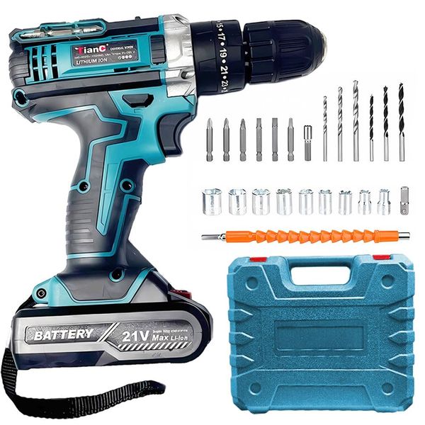 Cordless Drill, 21V Electric Drill Screwdriver Kit with 25+1 Torque, 2 Speed with 2 Batteries 2.0Ah, Combi Drill for Home and Garden DIY Project (Blue)