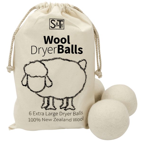 S&T INC. XL New Zealand Wool Dryer Balls, Natural White, 6 Pack