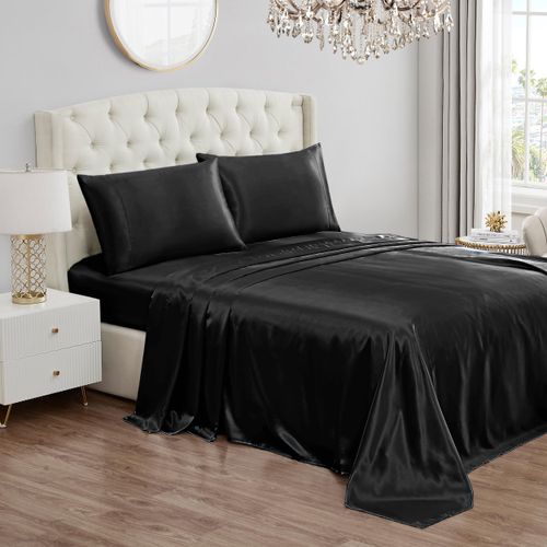 Juicy Couture Twin XL Size Satin Bed Sheet Set, Deep Pocket Silky Twin XL Sheet Set with 1 Fitted Sheet, 1 Flat Sheet, 1 Pillow Case, Wrinkle Resistant and Anti Pilling Bed Sheets - Black