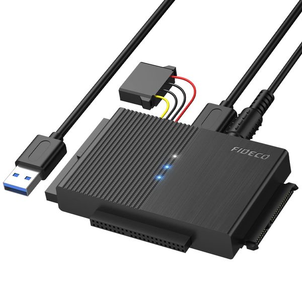 FIDECO IDE und SATA Adapter, USB 3.0 Festplatten Adapter mit Netzschalter, SATA und IDE Konverter für 2.5" und 3.5" HDD oder SSD, CD-ROM, CD-RW, DVD-RW Laufwerke