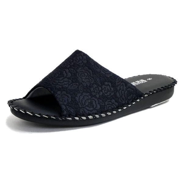 Pansy Pansy Pantofore Slippers, Room Shoes, Women's, Flower Pattern, Ultra Lightweight, Flat, Mule, Nest Spread, Indoor, Office, Hospital, School, 3e, Black, S, 8.7 - 8.9 inches (22.0 - 22.5 cm), Black