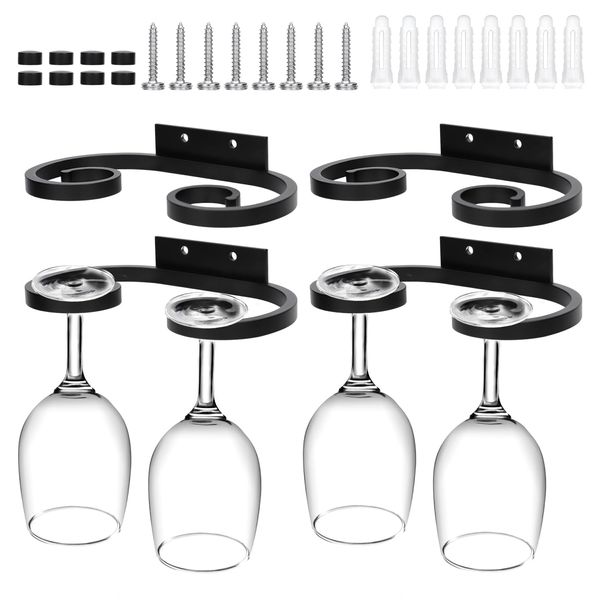 PEUTIER 4pcs Wall Mounted Wine Glass Rack, 6.69x3.82 Inch Wine Glass Holder Metal Wine Glass Hangers Wine Glass Rack Under Shelf Cabinet Stemware Storage Organizer for Kitchen Bar