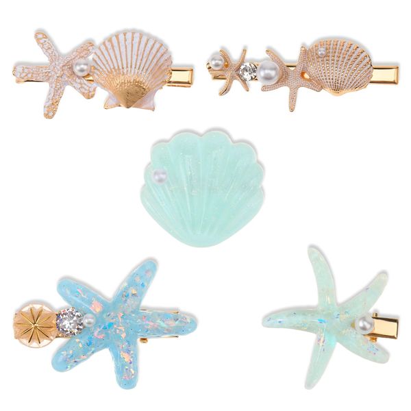 5 Pcs Pearl Shell Hairclip Starfish Barrettes Shell Pearl Starfish Hair Clip Set Princess Alligator Hair Clips Sea Theme Clips Headwear Styling Tools for Women Girls Hair Accessories