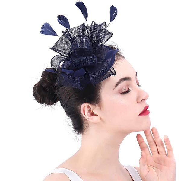 IYOU Sinamay Fascinator Hats Feather Navy Blue Pillbox Hat Elegant Wedding British Bowler Hat Tea Party Hat with Hairband and Clip for Women