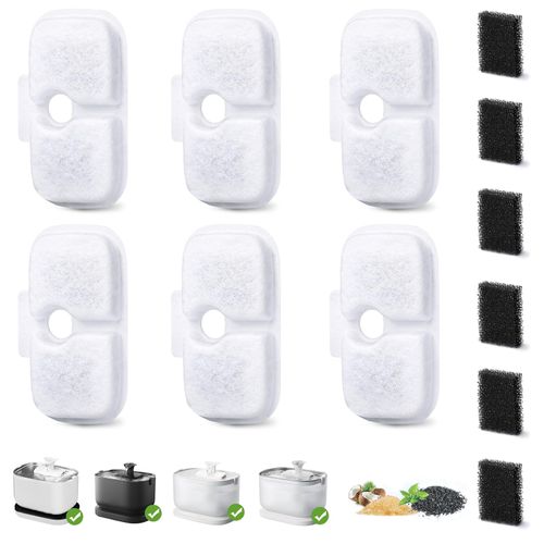 Mooshy Cat Water Fountain Filters, 6PCS Activated Carbon Pet Fountain Replacement Filter and Pre-Filter for Cat Water Fountain, Foam Pet Water Fountain Filters for Pet Water Fountain