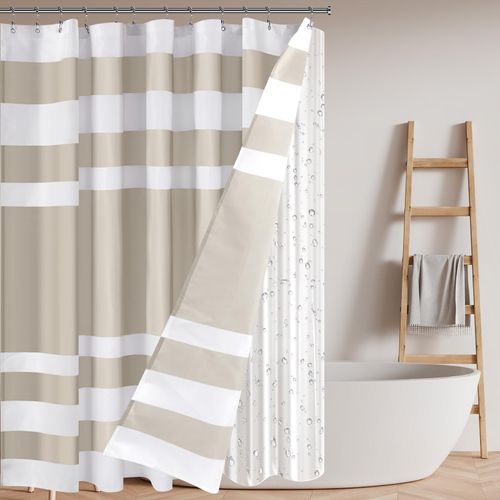 Tranqun 3 In1 Boho Farmhouse Waterproof Shower Curtain with Clear Liner Set, 12 Stainless Steel Hook, Striped Tassel, EVA Liner Fabric Shower Curtains for Bathroom Rustic Decor, 71" x 71"(Taupe)