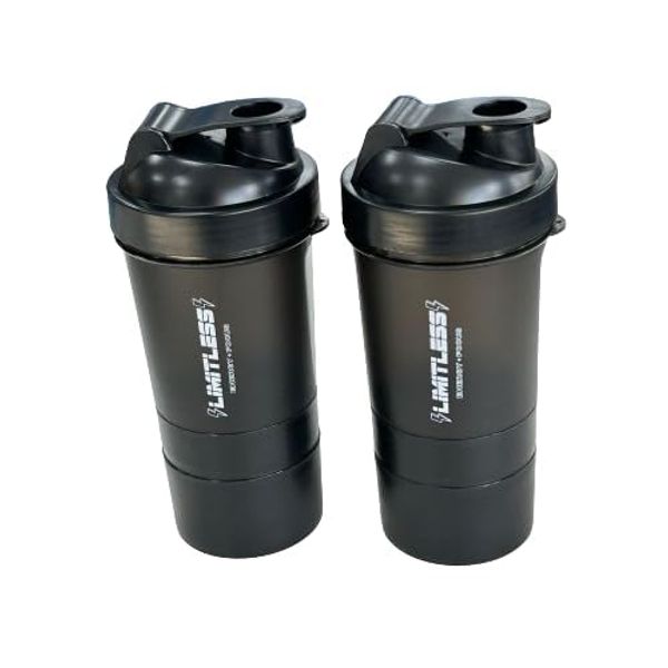 2 PACK PROTEIN BOTTLE SHAKERS WITH TIGHT LIDS FOR SPORTS AND FITNESS with compartments (2 PACK, BLACK)