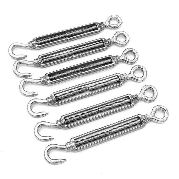 Pack of 6 NUZAMAS M8 Hooks & Eyes, C-O Turnbuckle, 304 Stainless Steel, Wire Rope Tension Heavy Duty Hardware Kit for Sun Shades, Tent Awning Installation, Rust Proof