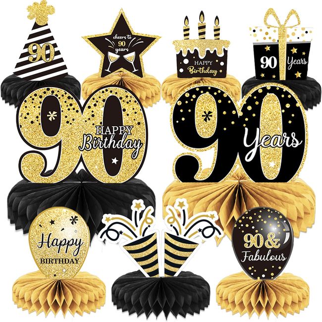 9 Pieces 90th Birthday Decoration 90th Birthday Centerpieces for Tables Decorations Cheers to 90 Years Honeycomb Table Topper for Men and Women Nighty Years Birthday Party Decoration Supplies(90th)