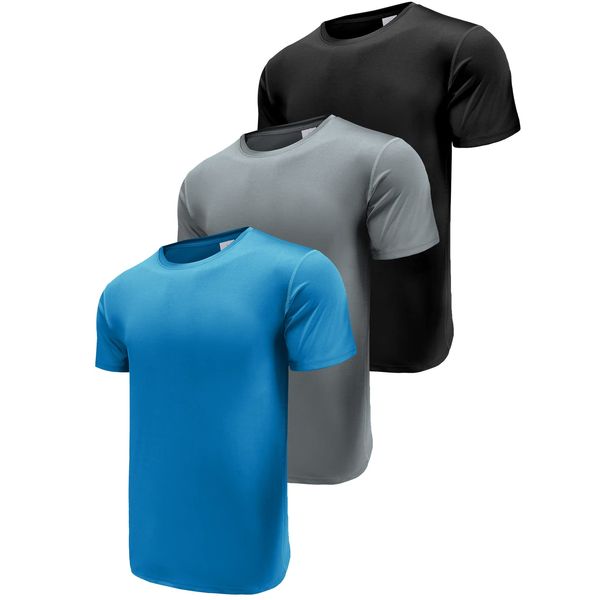 3er Pack Sport Tshirts Herren, Kurzarm Schnelltrocknend Atmungsaktiv Funktionsshirt Laufshirt, Sommer Sport Shirt Männer Sportshirt Fitness Shirt Trainingsshirt Running Shirts Black/Grey/Blue-3P12-M