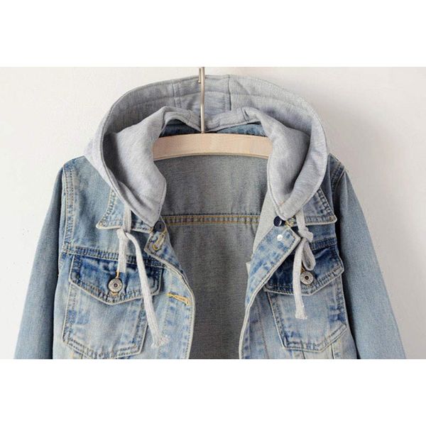 LifeShe Women's Casual Detachable Hoodie Denim Jacket