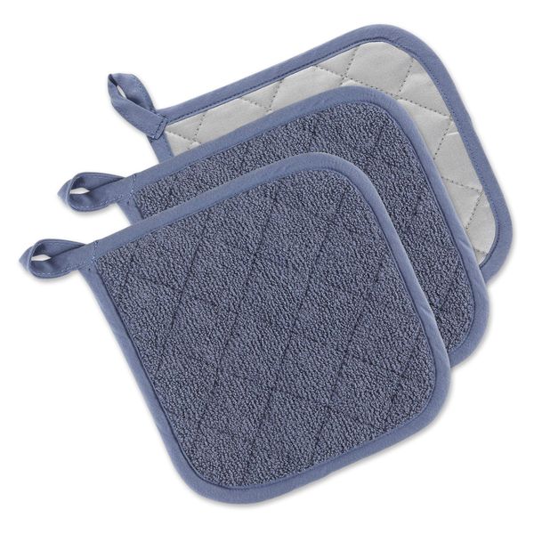 DII Basic Terry Collection Quilted 100% Cotton, Potholder, Stonewash Blue, 3 Piece