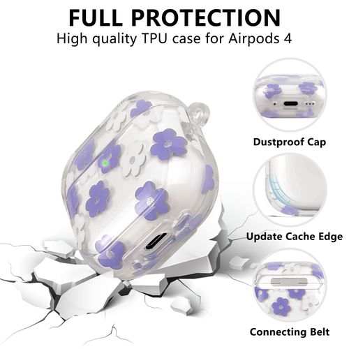 AZGYIAI Compatible with Apple AirPods 4th Generation Case (2024), Soft TPU with Cute Flower Pattern for AirPods 4 Case with Flower Keychain and Cleaning Kit for Girls Women (Purple)