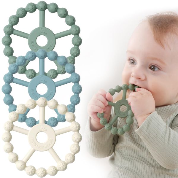 3 Pack Ring Teether Baby Infant Toys, Silicone Teething Ring Toys for Babies 0-6 Months, Seposeve Baby Teethers 6-12 Months 12-24 Months, Easy to Grasp Toy, Baby Teething Relief, Green Blue White