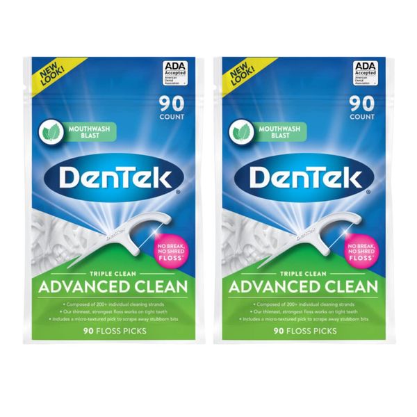 DenTek Triple Clean Advanced Clean Floss Picks, No Break & No Shred Floss, 90 Count, (Pack of 2)