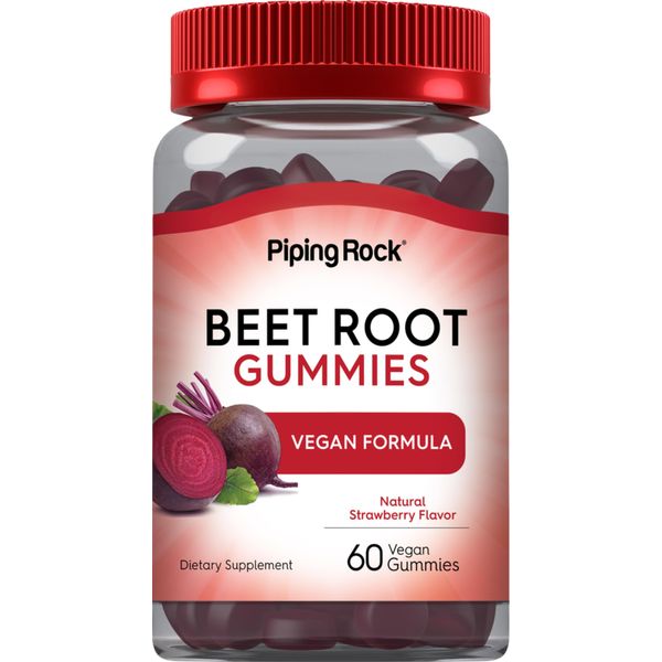 Beet Root Gummies | 60 Count | with Nitrates and Black Pepper Extract | Nitric Oxide Supplement | Strawberry Flavor | Vegan, Non-GMO, Gluten Free | by Piping Rock