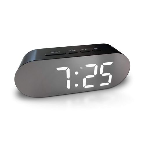 Digital Alarm Clock - Mains Powered, Big Digit Mirror Display, No Frills Simple Operation Alarm Clocks, Bedside Alarm, Snooze, Non Ticking, Full Range Brightness Dimmer, Two USB Charging Ports (Black)